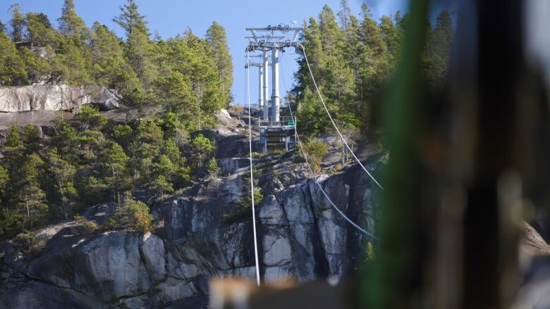 A gondola line atop a mountain.