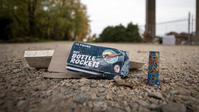 Discarded fireworks in a Vancouver park. Opponents of fireworks often cite environmental damage as a reason for supporting a ban on their sale and use.