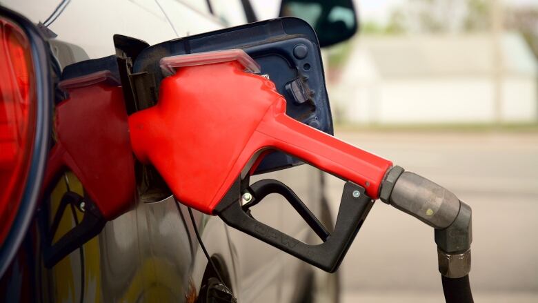 A gas pump nozzle in a gas tank.