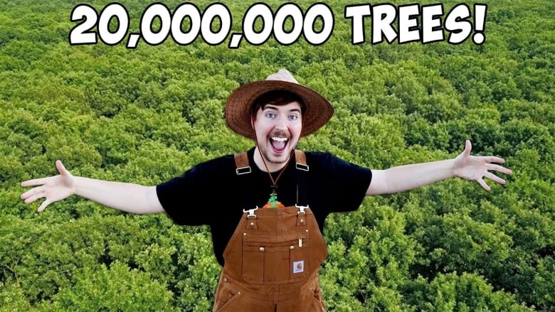 A man in a hat stands is superimposed on an image of trees, with text above the man stating '20,000,000 trees'