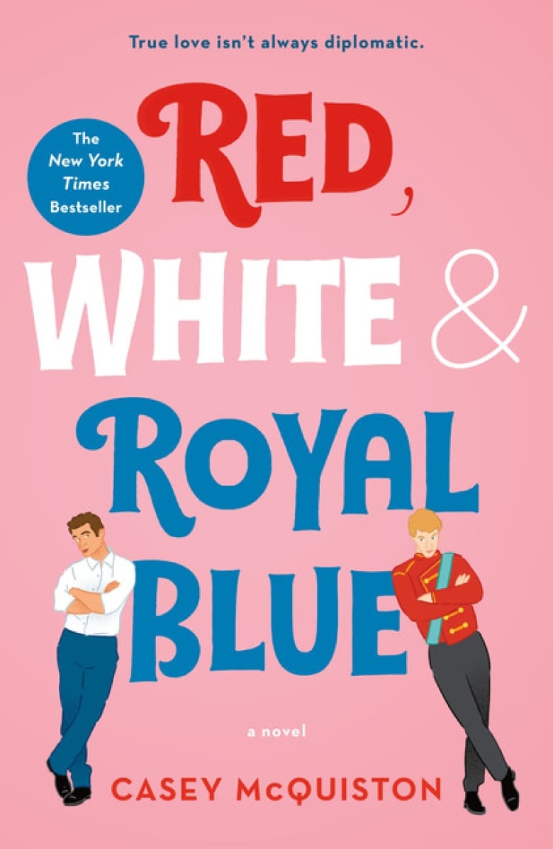 A pink book cover with the words Red, White & Royal Blue and illustrations of a man in a dress shirt and pants and a man in formal royal attire.