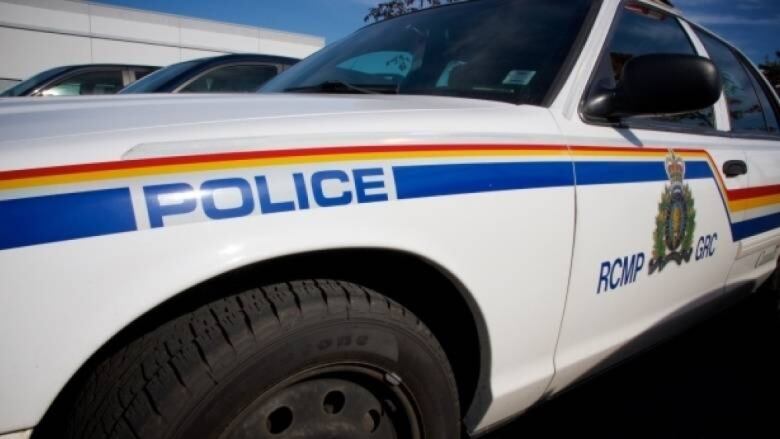 A closeup of a white RCMP cruiser seen from the side with the word Police on the front fender set off by a long blue stripe and the words RCMP GRC underneath the striping on the door.