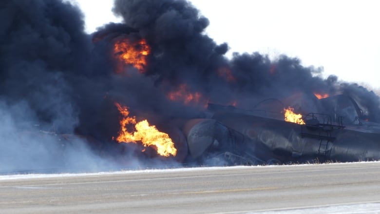 Rail cars carrying oil burned for 24 hours after derailment on Dec. 9, 2019.  