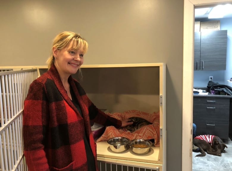 a woman in a red sweater smiling as she reaches to pet a cat