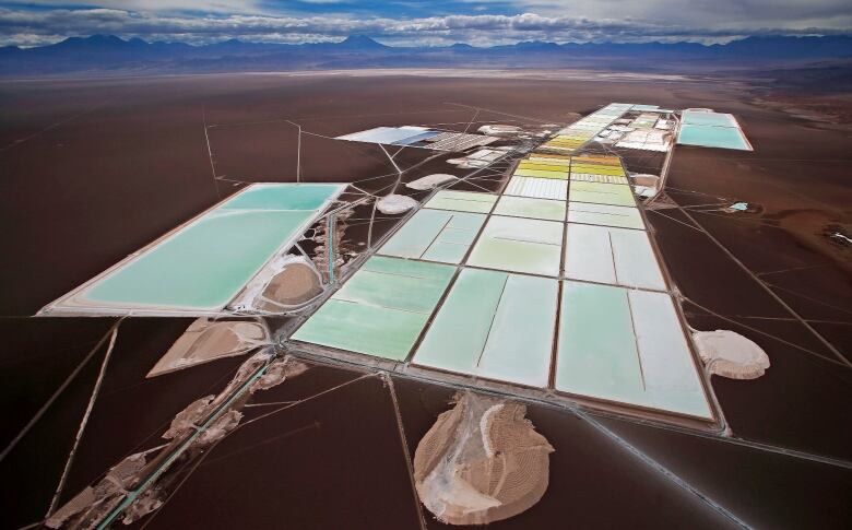 An aerial view of the brine pools and processing areas of the Rockwood lithium plant on the Atacama salt flat in northern Chile.