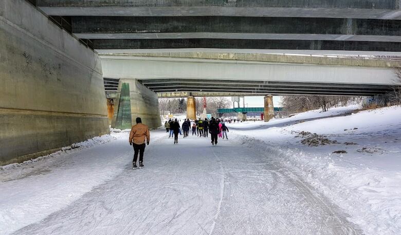 People skate on a frozen clearing along a river in winter