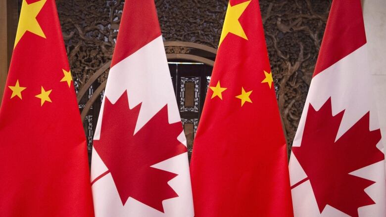 A row of alternating Canada and China flags.