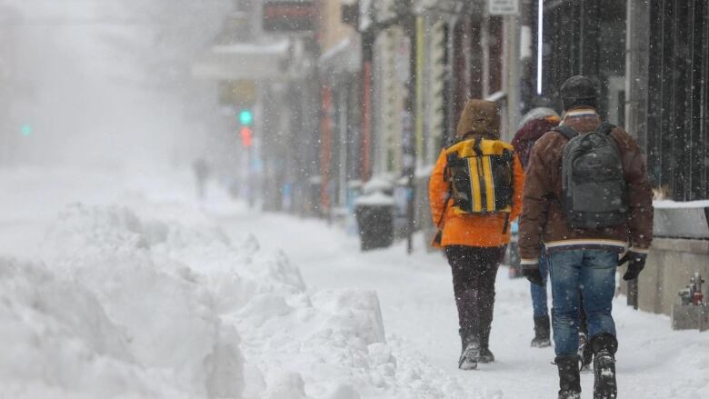 Pedestrians walking in a winter storm. 