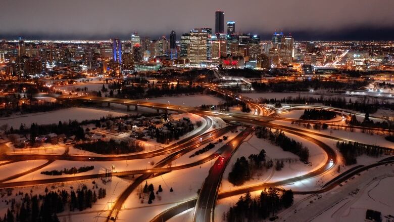 A drone photo of Edmonton's skyline.