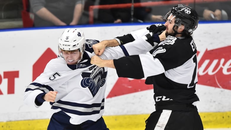 Two hockey players are seen fighting on the ice.