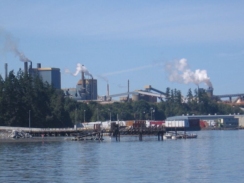 A large paper mill with smokestacks spewing smoke into the air near a water body.