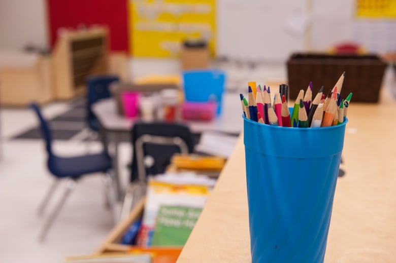 A blue plastic cup, filled with coloured pencils, sits on a desk in a classroom. In the background, there are empty chairs at a desk, and books in cubby holes.