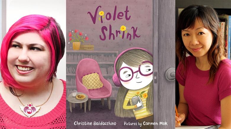 A woman with a pink book looks to the left. A book cover  of a kid with glasses peeking from behind a door. A woman in a pink shirt with brown hair.