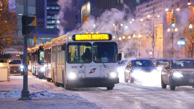 A line of buses are shown on a street in winter.