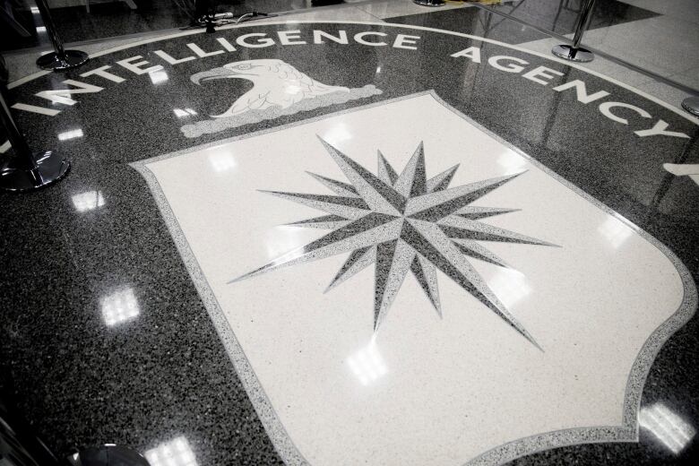 Glossy black and white floor with emblem of eagle and Central Intelligence Agency included.