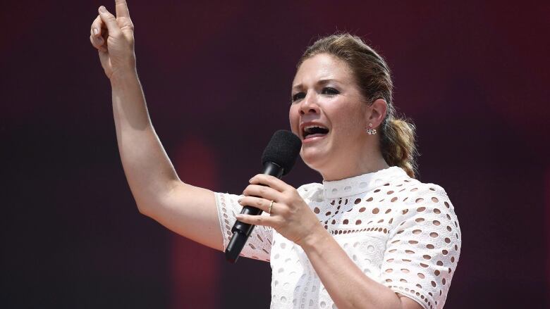 Sophie Gregoire Trudeau, wife of Prime Minister Justin Trudeau, speaks during Canada Day celebrations on Parliament Hill in Ottawa on Sunday, July 1, 2018. 