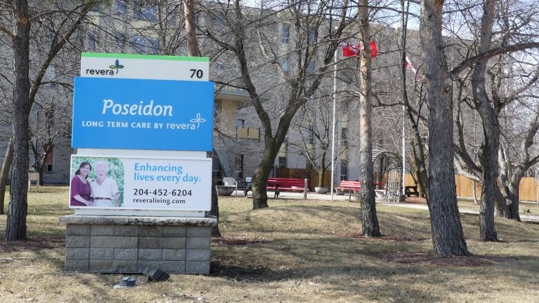 A sign outside a care home reads 'Poseidon Long Term Care by Revera.'