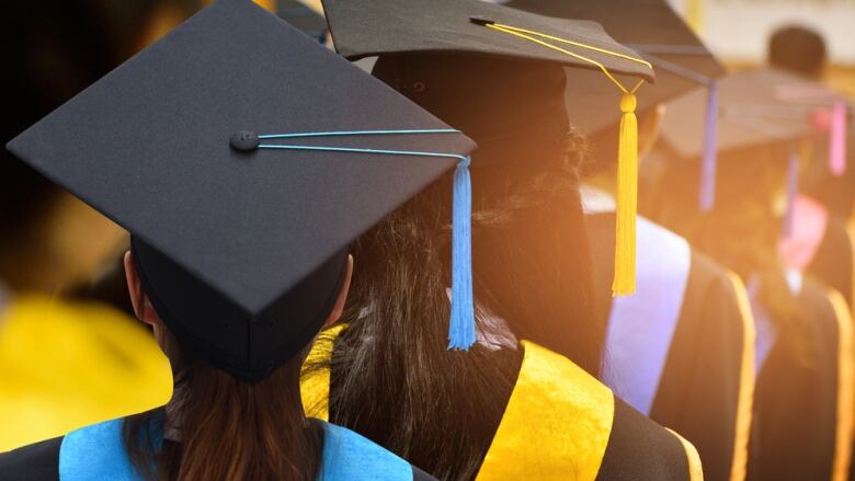 Three graduates, in gowns and caps, are seen from behind. 