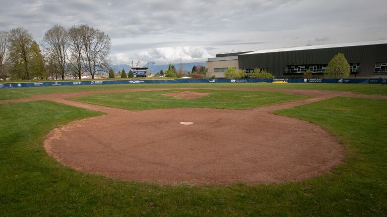 A baseball diamond on a cloudy day.