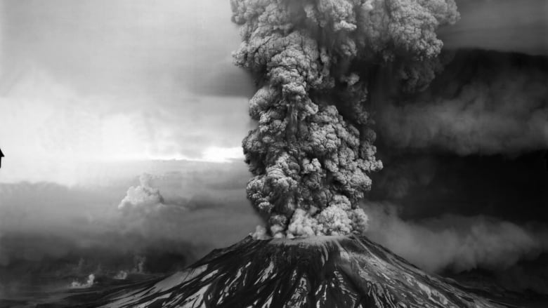 A black and white image of Mount Saint Helen's in Washington state erupting.