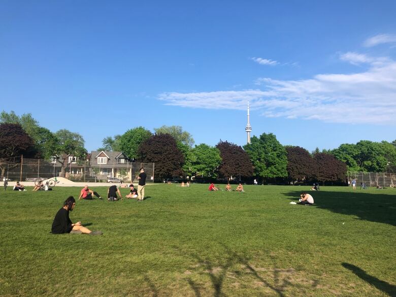 A park with a handful of people in it on a sunny day. In a city.