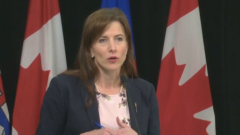 A white woman with brown hair is wearing a suit. She is talking at a podium.