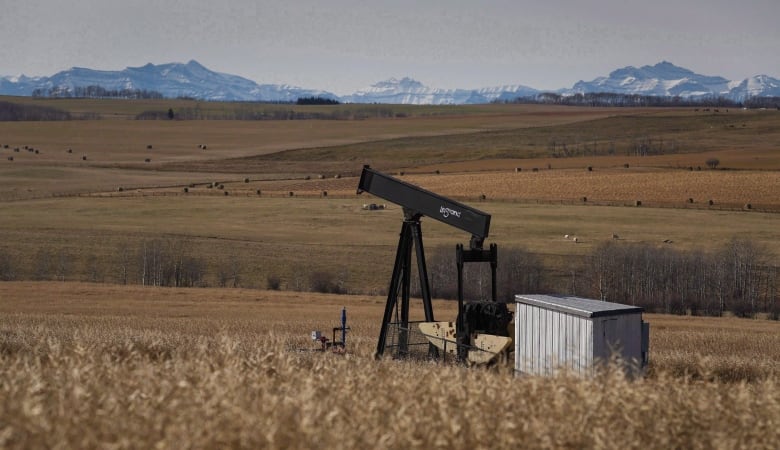 a prairie field is pictured at fall time, with an oil pumbjack in the middle and mountains in the horizon