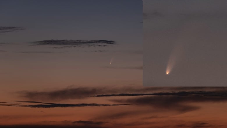 A comet is seen among clouds, with an inset picture showing a close-up.