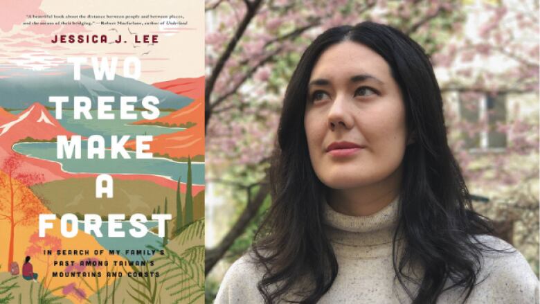 A book cover featuring mountains and forest next to a woman with long brown hair looking off camera.