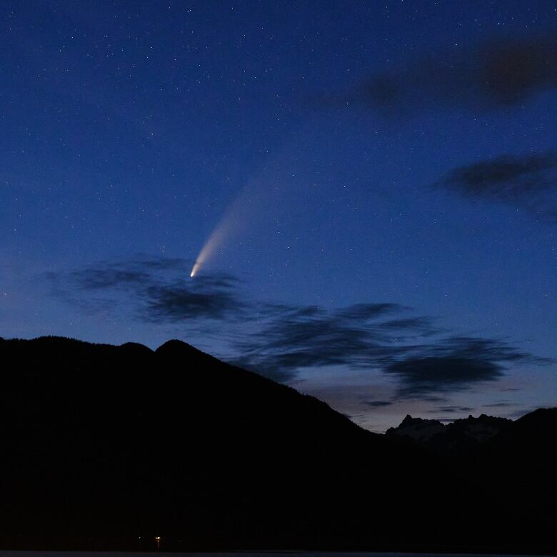 A comet is shown streaking through a dark sky.