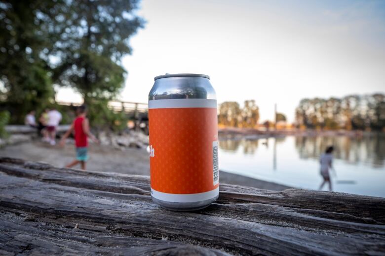 A beer can with an orange label placed on a log at a beach with people playing along the shoreline behind.