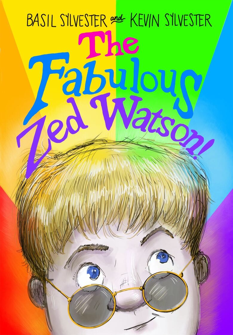 A multicoloured book cover with a young person with round glasses looking up to the left.