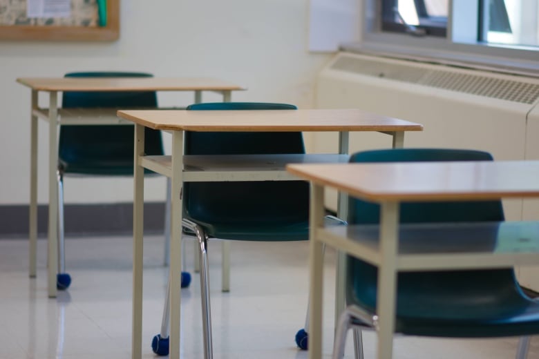 A row of desks in a class.