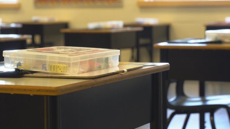 A classroom with empty desks. 