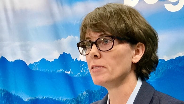 Sonia Furstenau, the leader of the Green Party, wears a suit jacket as she stands in front of a backdrop photo of mountains.