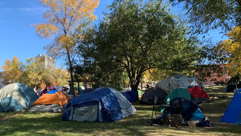 An encampment of tents set up on a green lawn amid trees in Strathcona County.