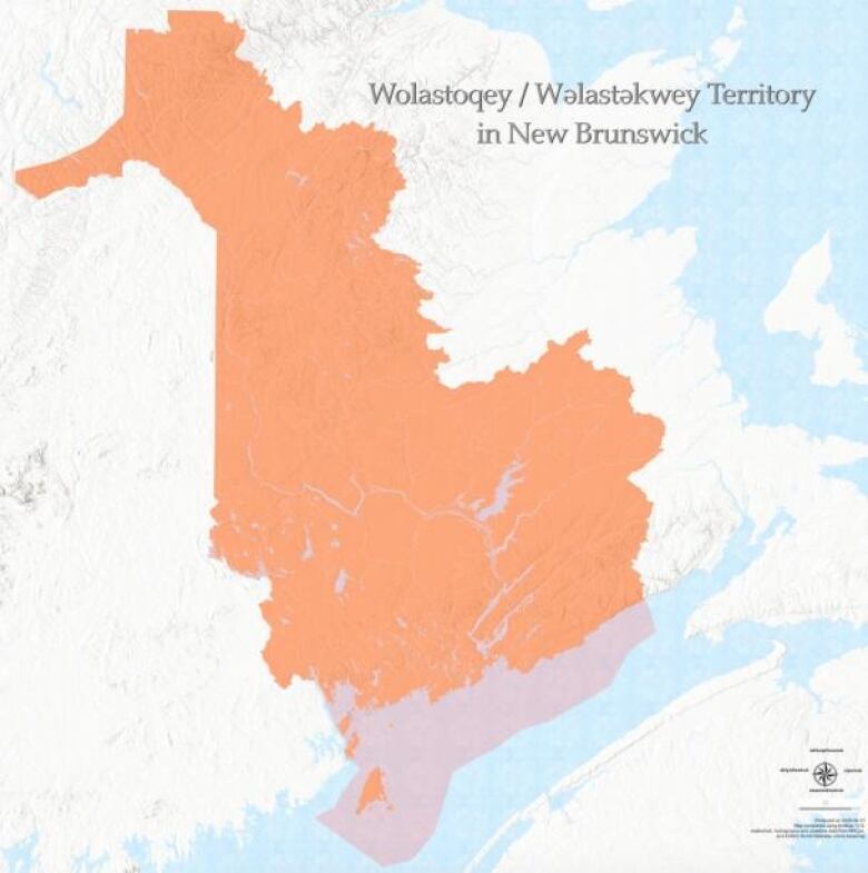 A map of New Brunswick with half of it in orange.