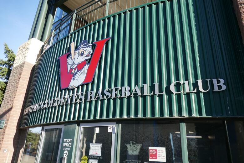 Exterior view of a building that says Winnipeg Goldeyes Baseball Club