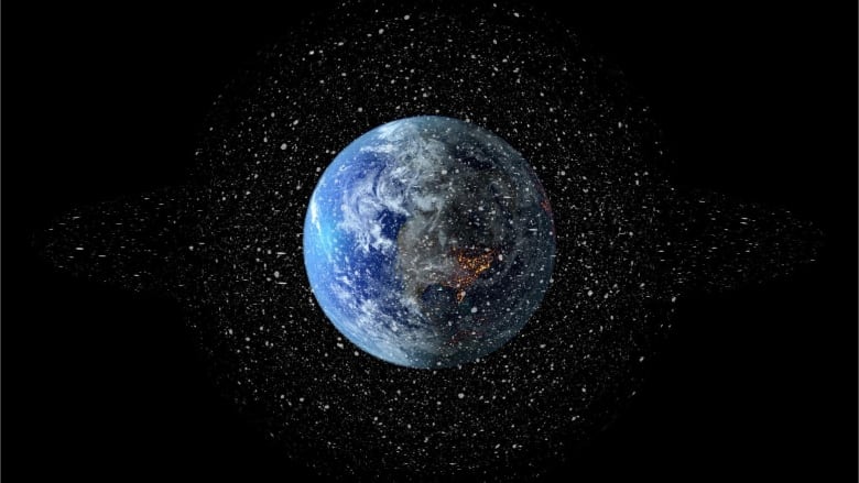 An image of earth shows a number of tiny dots around it indicating satellites. 