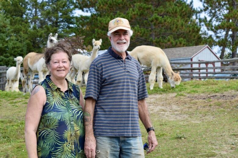 Two farmers pose for a photo outside with alpacas in the background.