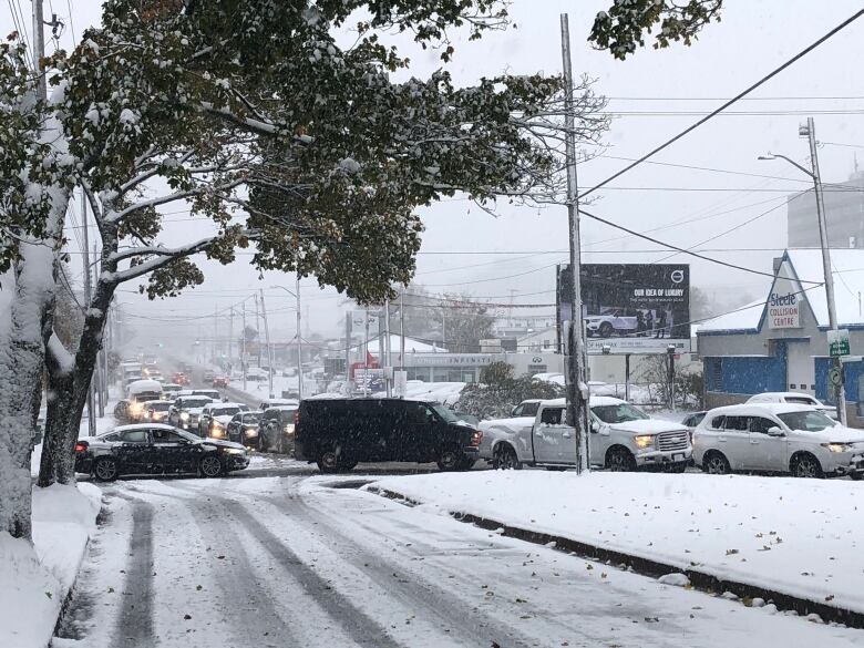 This picture shows heavy traffic and snowy roads. 