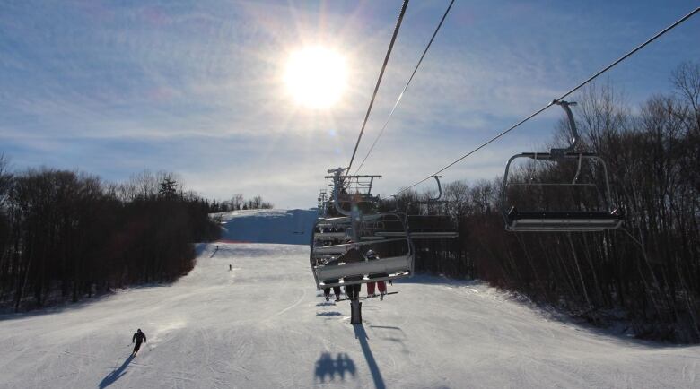 a ski lift suspended above a snowy track with trees on either side