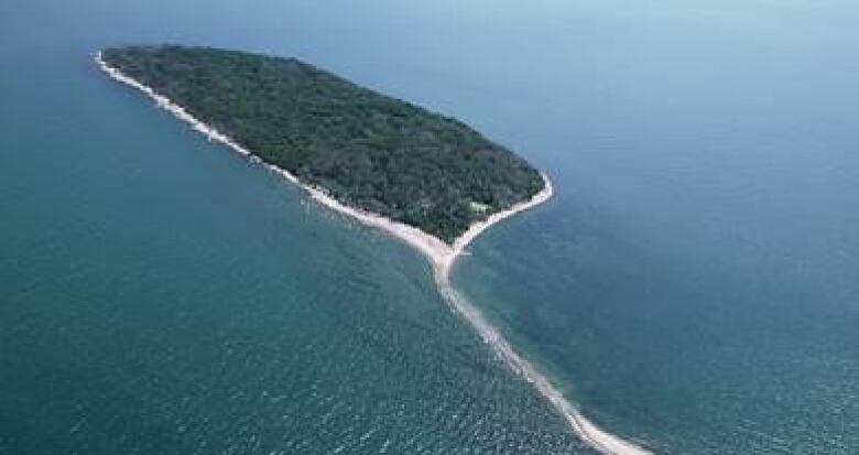 An aerial image of a small island surrounded by sand.