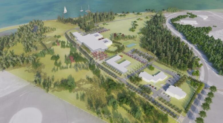 An artist's conceptual design of the new mental health and addictions campus, showing four buildings surrounded by trees and parking.