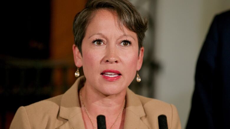 Melanie Mark is shown in a close up picture, standing in front of two microphones.