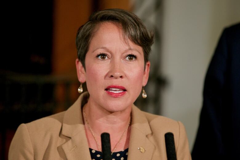 Melanie Mark is shown in a close up picture, standing in front of two microphones.