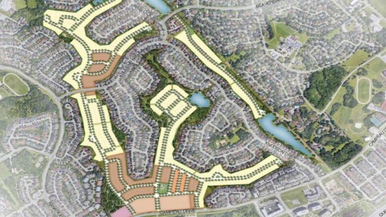 An aerial image of an area of Kanata showing a proposed development in yellow and brown