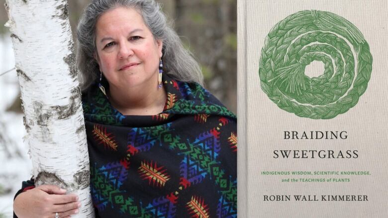 The book cover for Braiding Sweetgrass features a green braid rope coiled into a circle against a beige-brown background. 