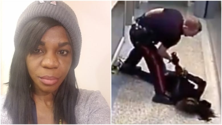 On the left, a young Black woman poses for a photo. On the right a still image from the video of the violent arrest showing the victim on the ground with a police officer holding her by the wrist.