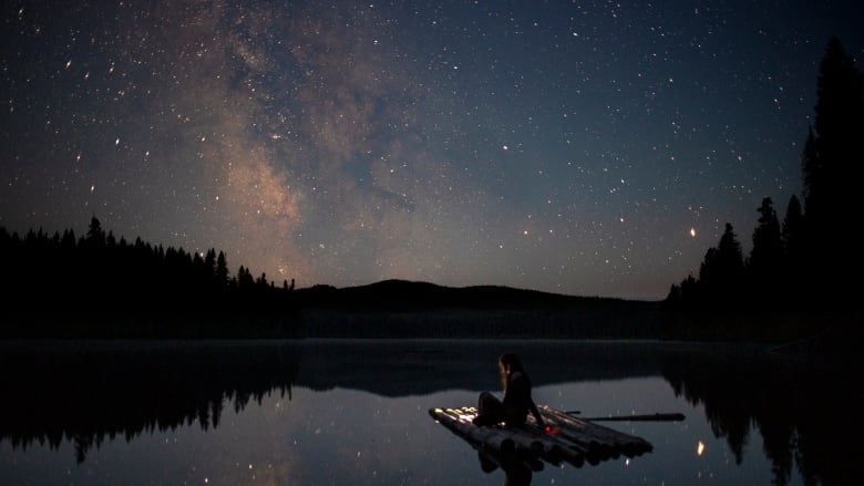 The Milky Way stretches above a lake.